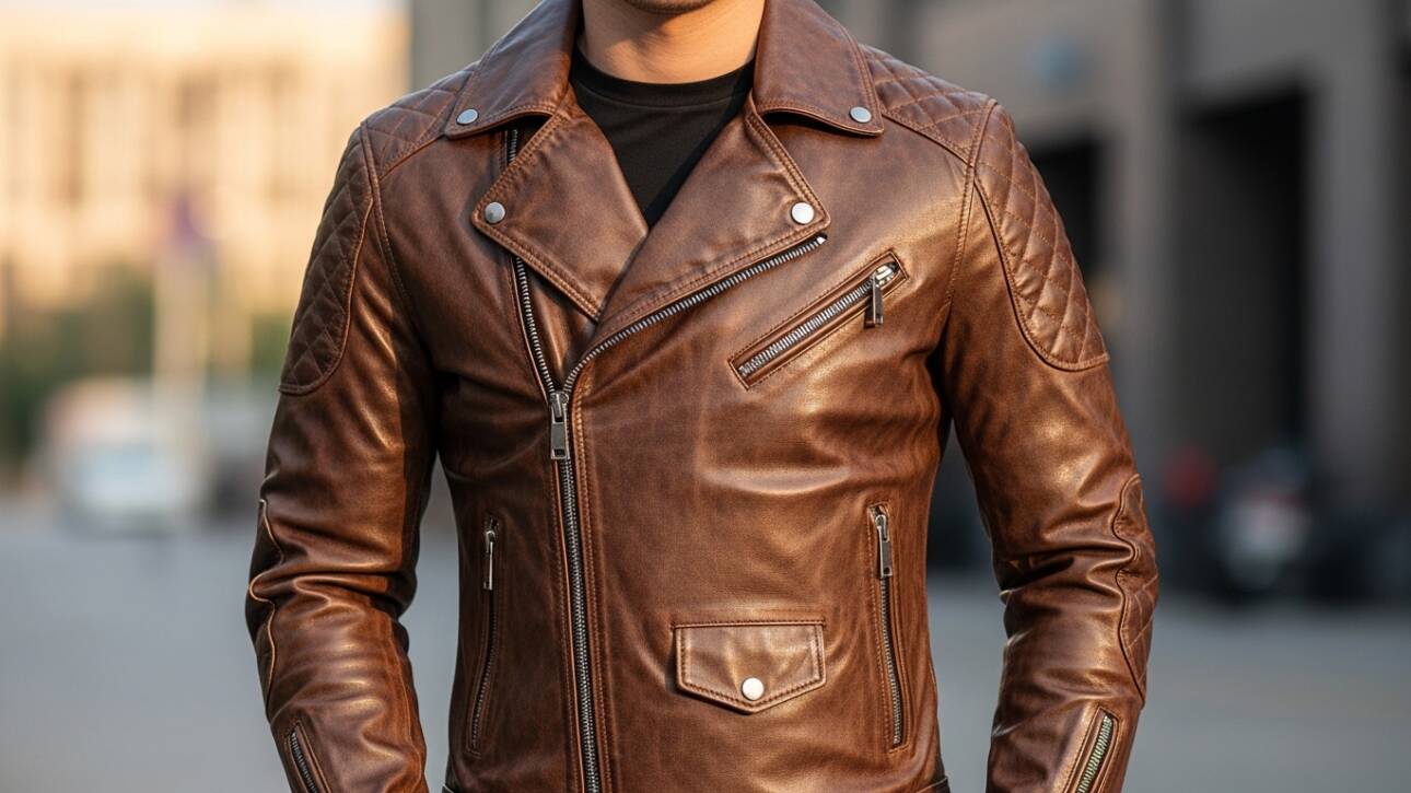 Leather Biker Jacket Brown Mens