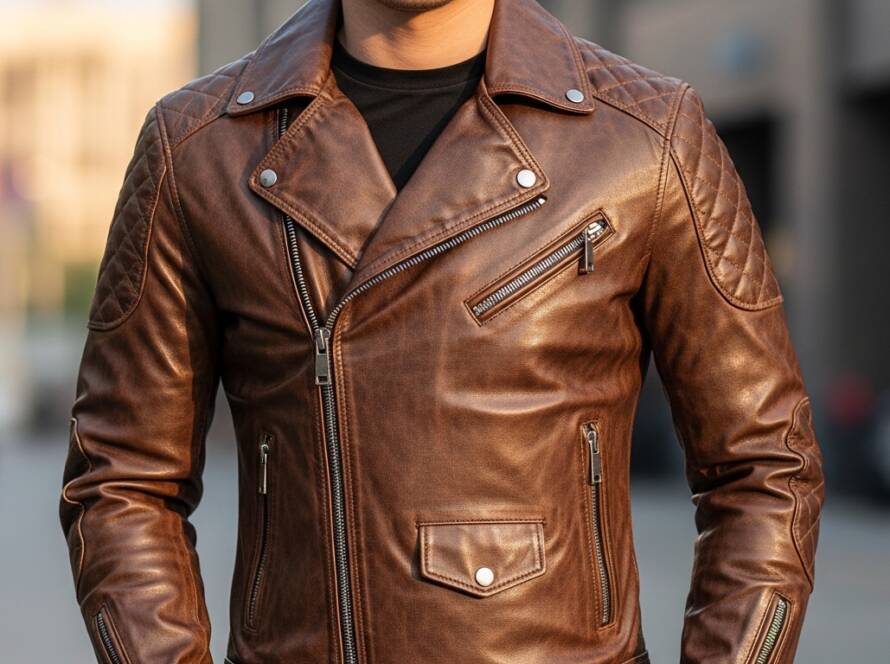 Leather Biker Jacket Brown Mens